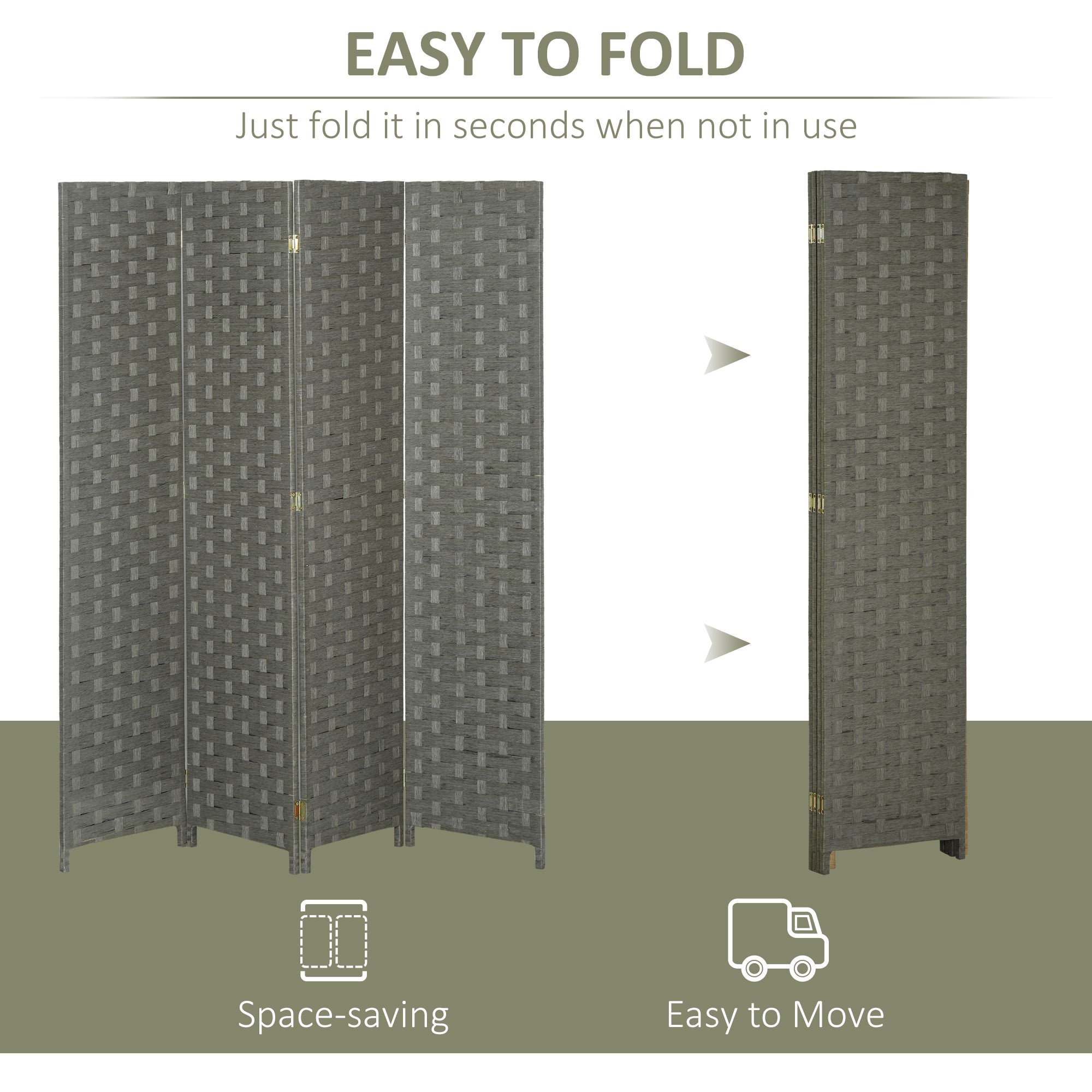 HOMCOM 4-Panel Room Dividers, Wave Fibre Freestanding Folding Privacy Screen Panels, Partition Wall Divider for Indoor Bedroom Office, 170Â cm, Grey